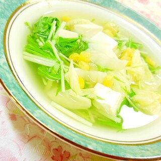 昆布出汁de❤水菜と春キャベツと絹豆腐のスープ❤